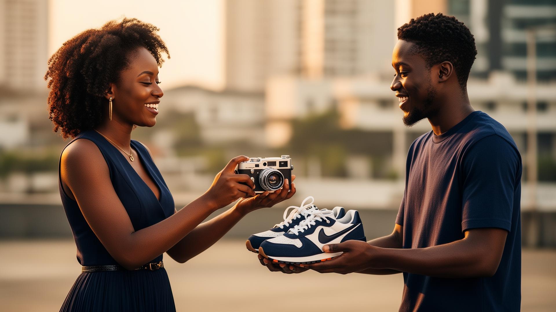 Two people exchanging items